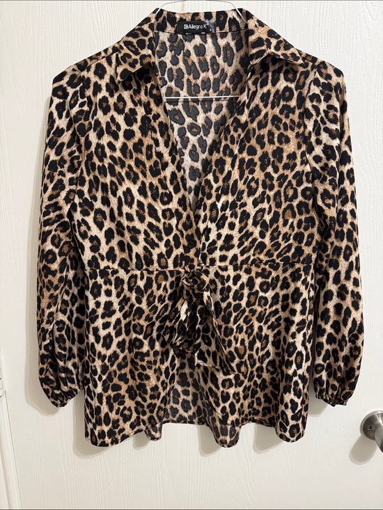 Allegra K Tops - Allegra K Leopard Print Blouse Women’s Small V Neck Tie Front Long Sleeve NWOT.